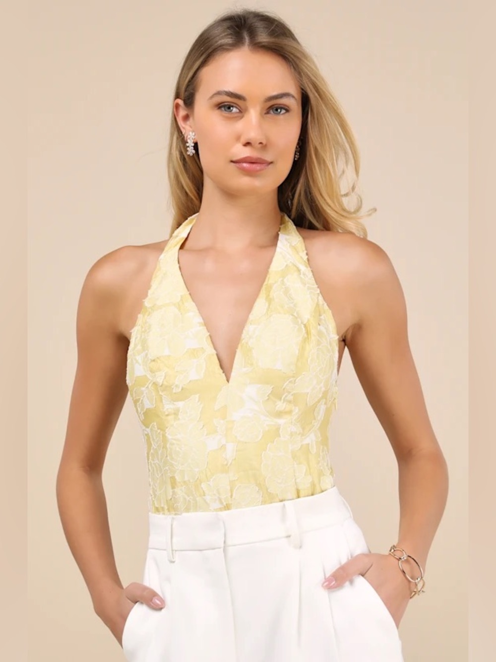 Lulus Lilou Yellow Jacquard Halter Bodysuit NWT Floral Womens Medium